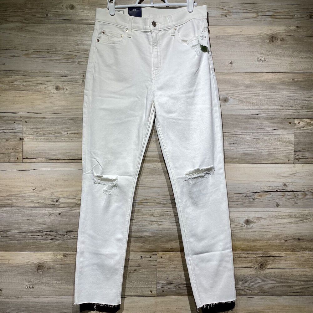 GAP Vintage Slim Mid-Rise Stretch White Denim Jeans Sz. 29/8R Raw Hem Distressed